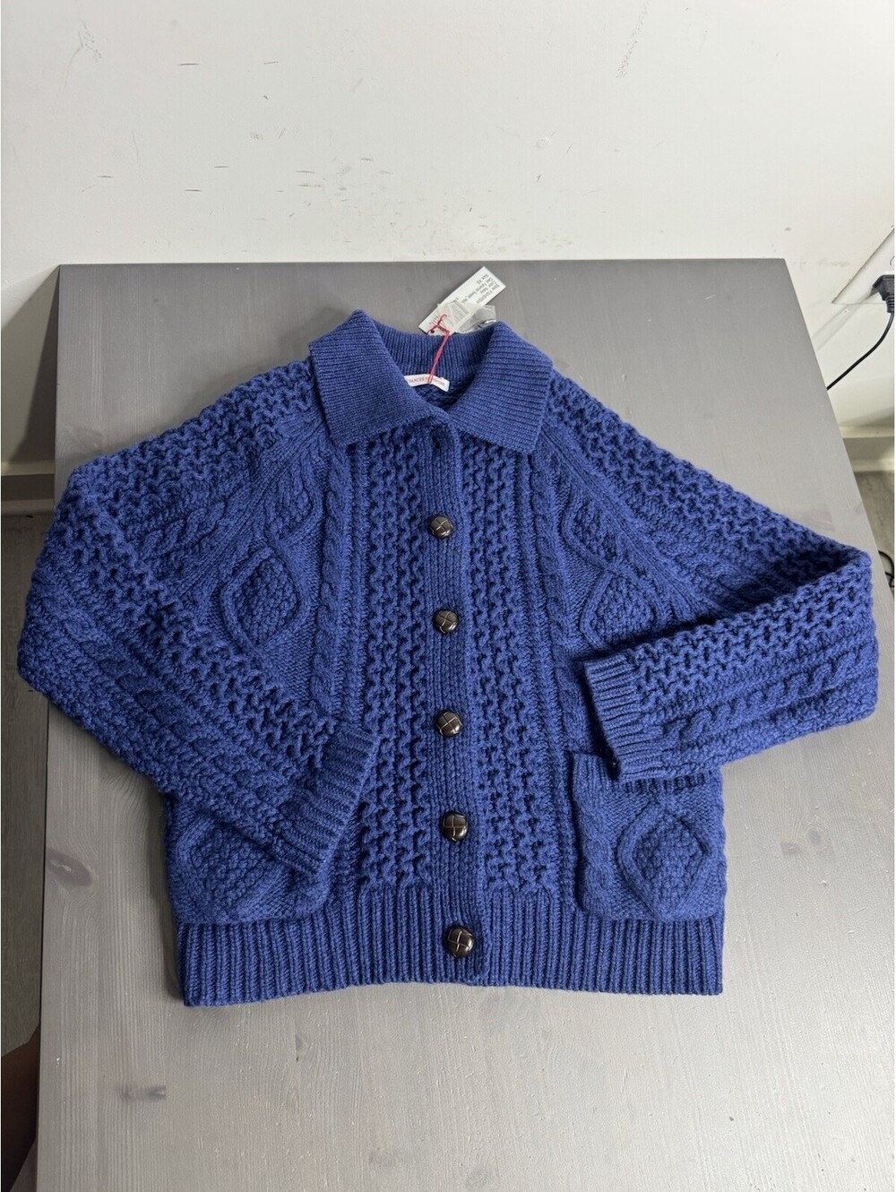 Frances Valentine Wool Fisherman Aran Cable Knit Cardigan Sweater in Navy - Picture 4 of 9